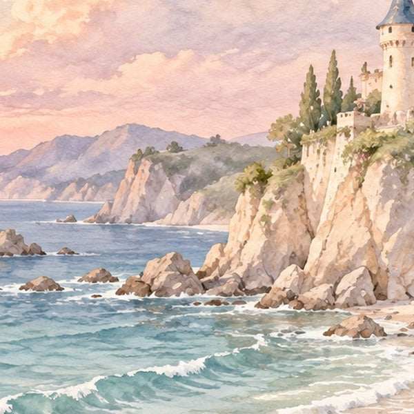 Seaside Castle Fairy Tale shower curtain, close up of the watercolor artwork