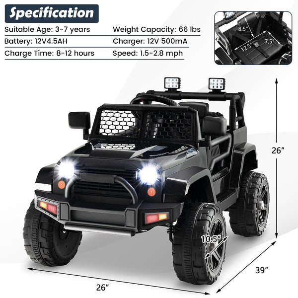 12V kids ride-on truck with remote control, headlights, and durable design for outdoor fun. Angle view.