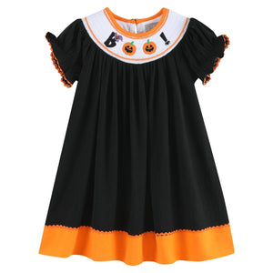 Black and Orange Boo Halloween Smocked Bishop Dress