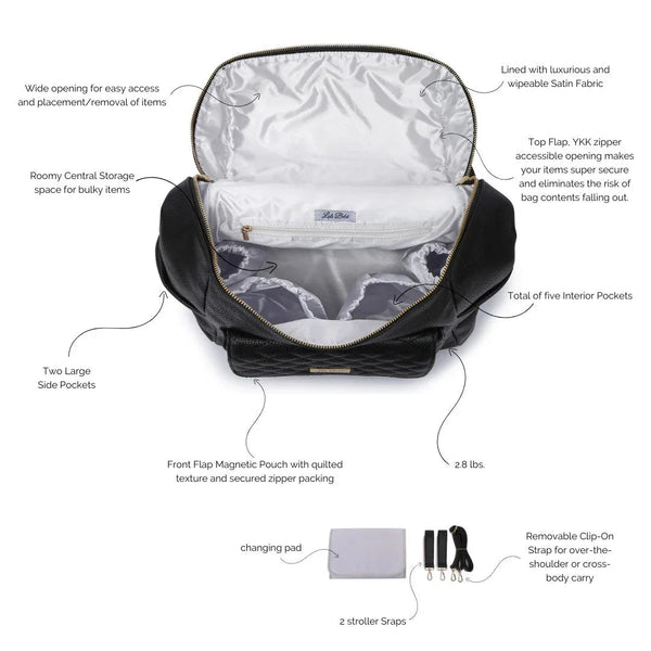 Signature Diaper Bag in Ebony Black, stylish and functional, shown from angle 2. Perfect for modern parents.
