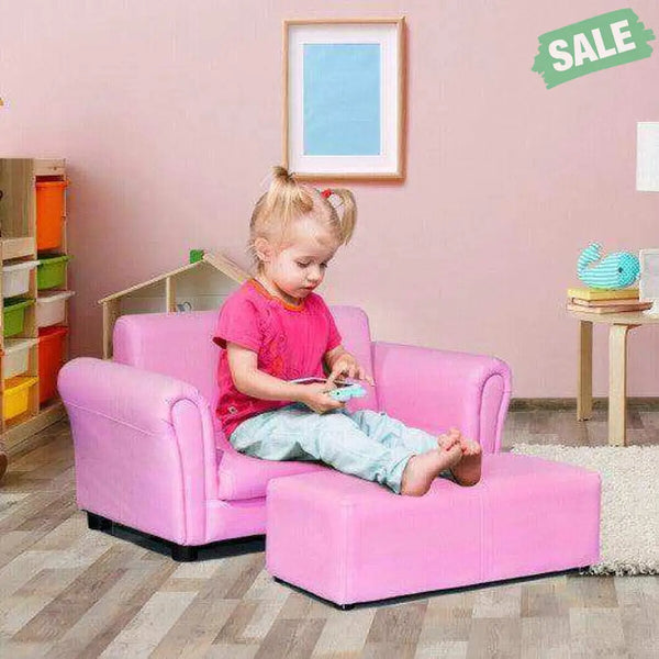 Black/White Kids Double Sofa with Ottoman-Black Black Kids Chairs & Seating