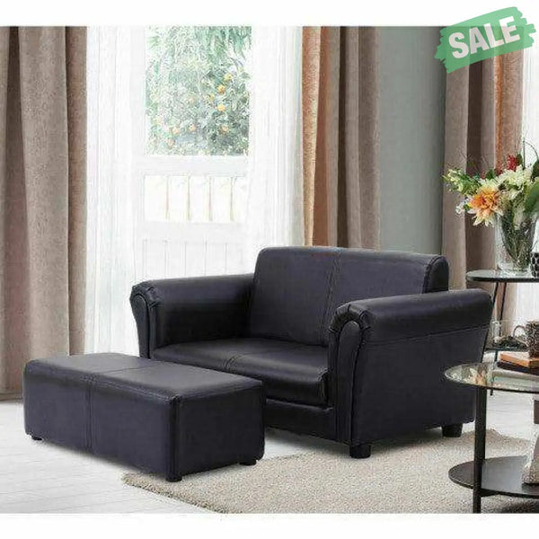Black/White Kids Double Sofa with Ottoman-Black Black Kids Chairs & Seating