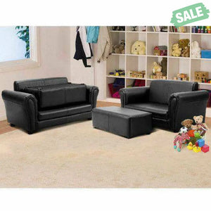 Black/White Kids Double Sofa with Ottoman-Black Black Kids Chairs & Seating