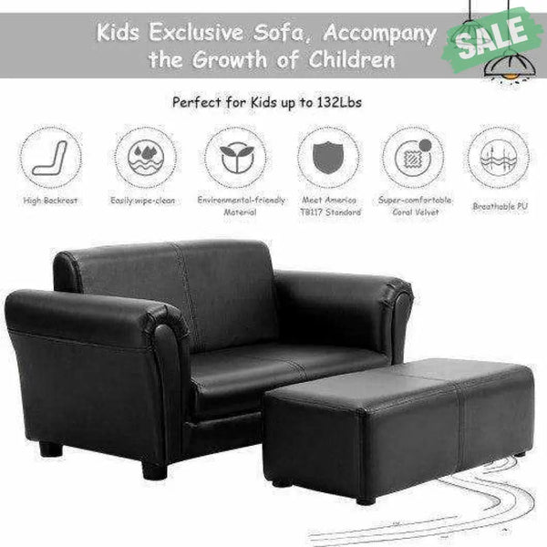 Black/White Kids Double Sofa with Ottoman-Black Black Kids Chairs & Seating