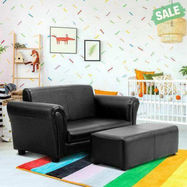 Black/White Kids Double Sofa with Ottoman-Black Black Kids Chairs & Seating