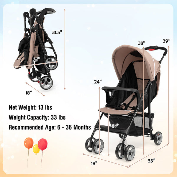 Toddler travel stroller for airplane with canopy, adjustable backrest, angled view showcasing comfort and convenience.