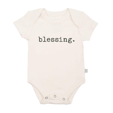 Short sleeve graphic bodysuit for babies featuring a "blessing" design, perfect for stylish and comfortable wear.