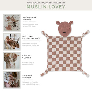100% muslin lovey in rosewood checker design, perfect for soothing and cuddling babies.