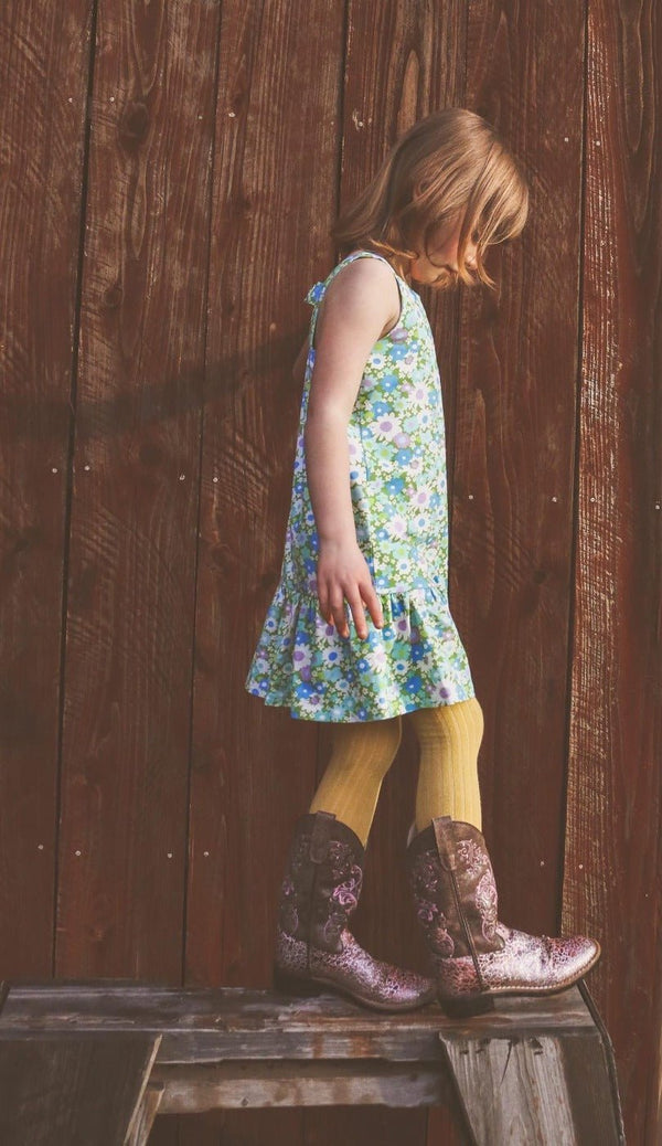 Blue and Green Flower Power Drop Waist Dress for Babies, Toddler and Girls