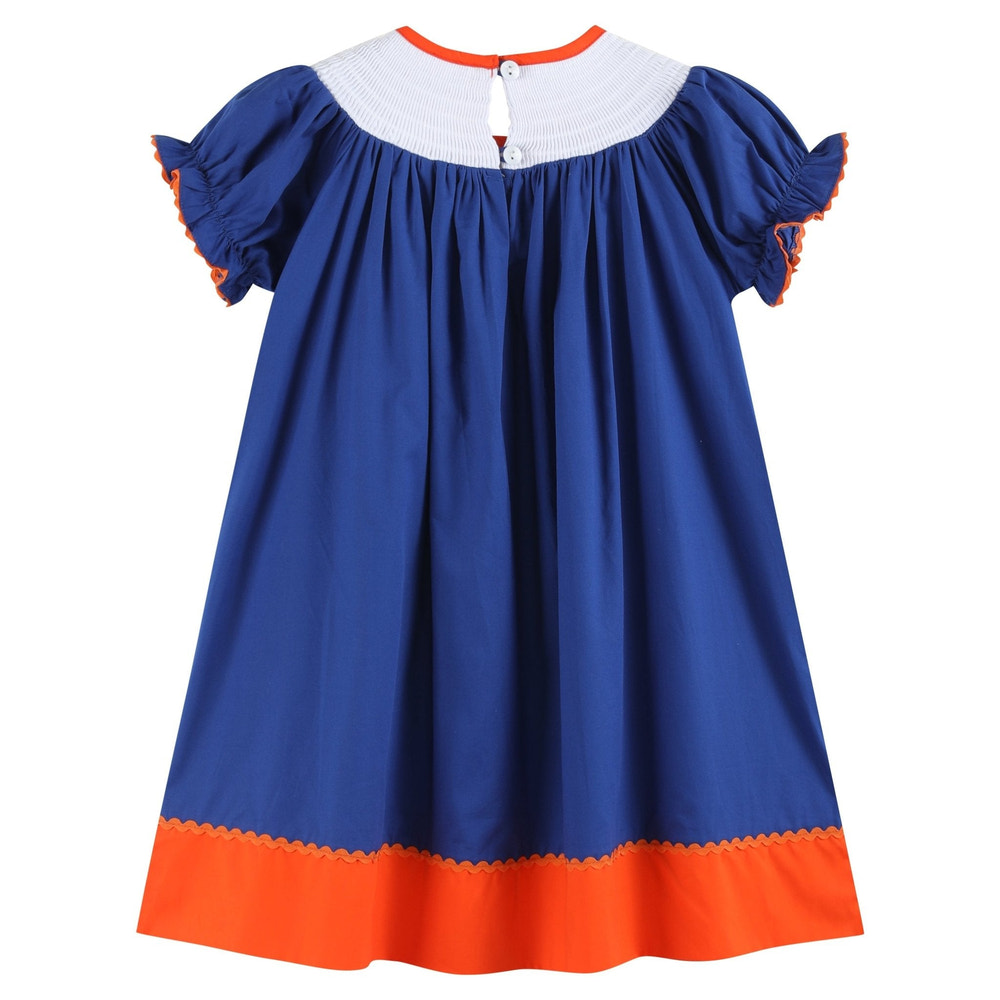 Blue and Orange Football Smocked Bishop Dress - MOOGCO Baby