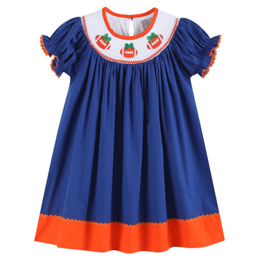 Blue and Orange Football Smocked Bishop Dress - MOOGCO Baby