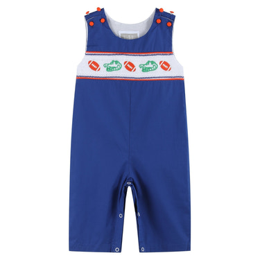 Blue and Orange Football Smocked Overalls - MOOGCO Baby