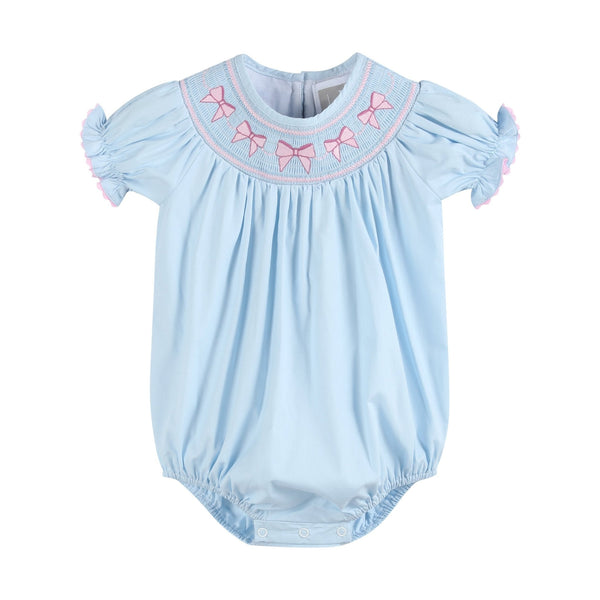 Blue and pink bow smocked romper for babies, perfect for stylish and comfortable playtime.