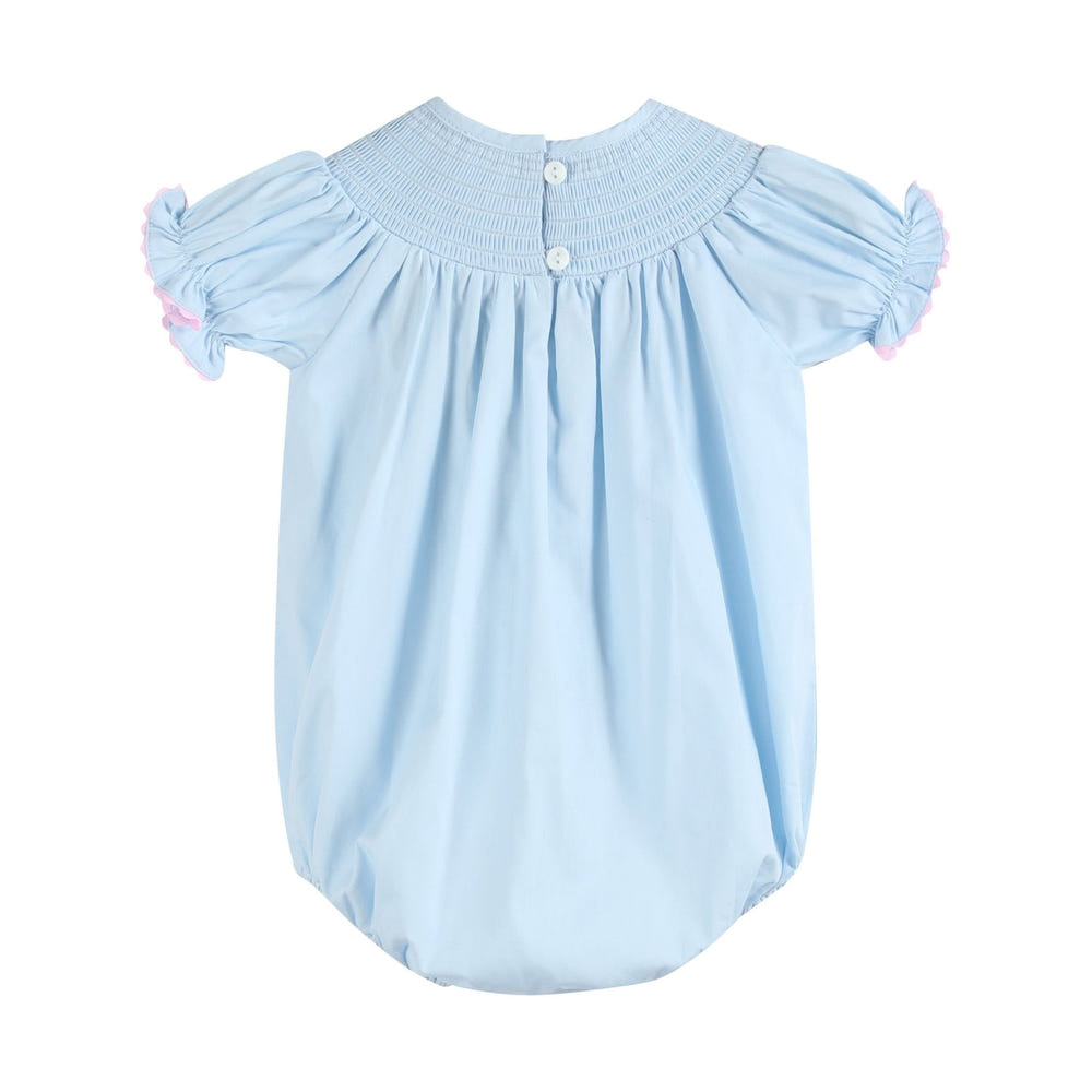 Blue and pink bow smocked romper for babies, perfect for stylish and comfortable playtime.