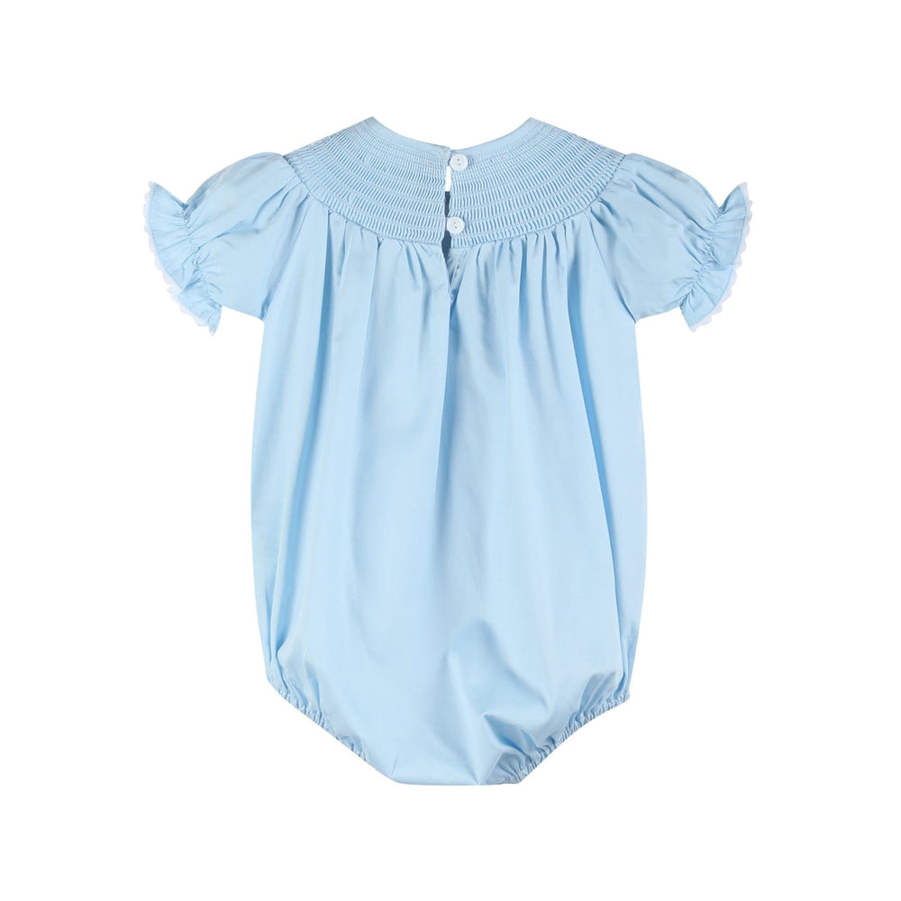 Blue and white smocked bubble romper for babies, perfect for stylish and comfortable playtime.
