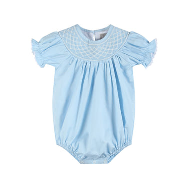 Blue and white smocked bubble romper for babies, perfect for stylish and comfortable playtime.