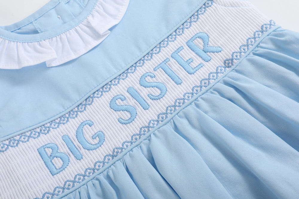 Lil Cactus Blue Big Sister Smocked Dress Flutter Sleeves Tie Bow