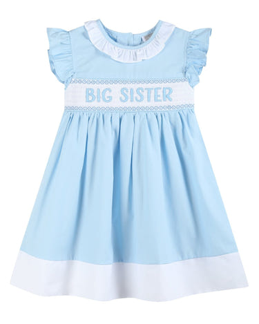 Lil Cactus Blue Big Sister Smocked Dress Flutter Sleeves Tie Bow
