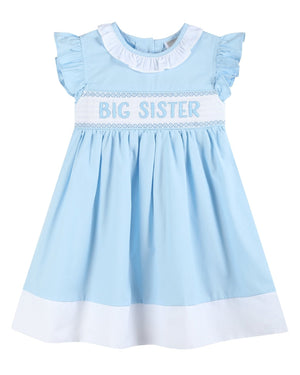 Lil Cactus Blue Big Sister Smocked Dress Flutter Sleeves Tie Bow
