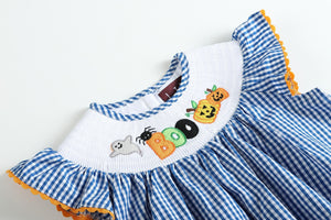 Blue 'Boo' Gingham Smocked Top and Bloomers Set