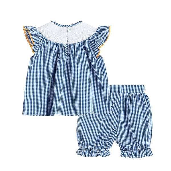 Blue 'Boo' Gingham Smocked Top and Bloomers Set