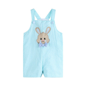 Blue Bow Tie Bunny Applique Shortalls for babies, featuring a cute bunny design and stylish blue bow tie.