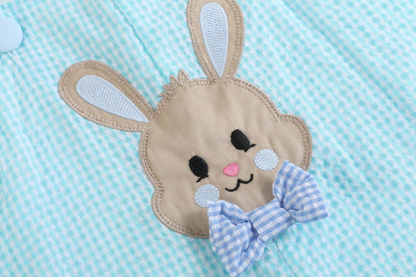 Blue Bow Tie Bunny Applique Shortalls for babies, featuring a cute bunny design, perfect for playful outfits.