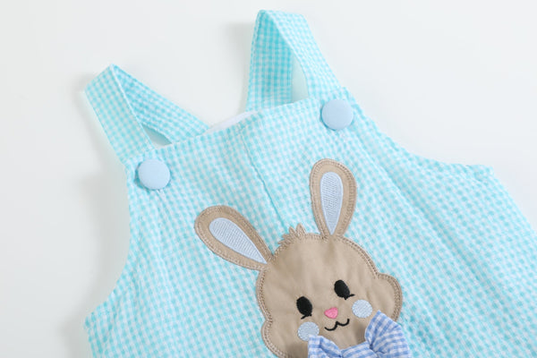 Blue Bow Tie Bunny Applique Shortalls for babies, stylish and cute romper in angle view. Perfect for playful outfits.