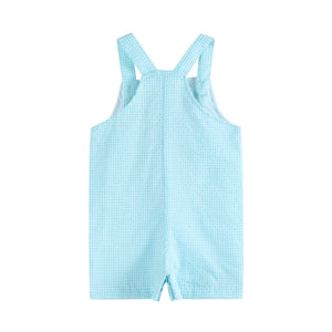 Blue Bow Tie Bunny Applique Shortalls for babies, stylish and cute romper from angle 2 view.