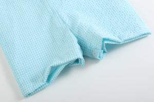 Blue Bow Tie Bunny Applique Shortalls for babies, stylish and cute romper from angle 3 view.
