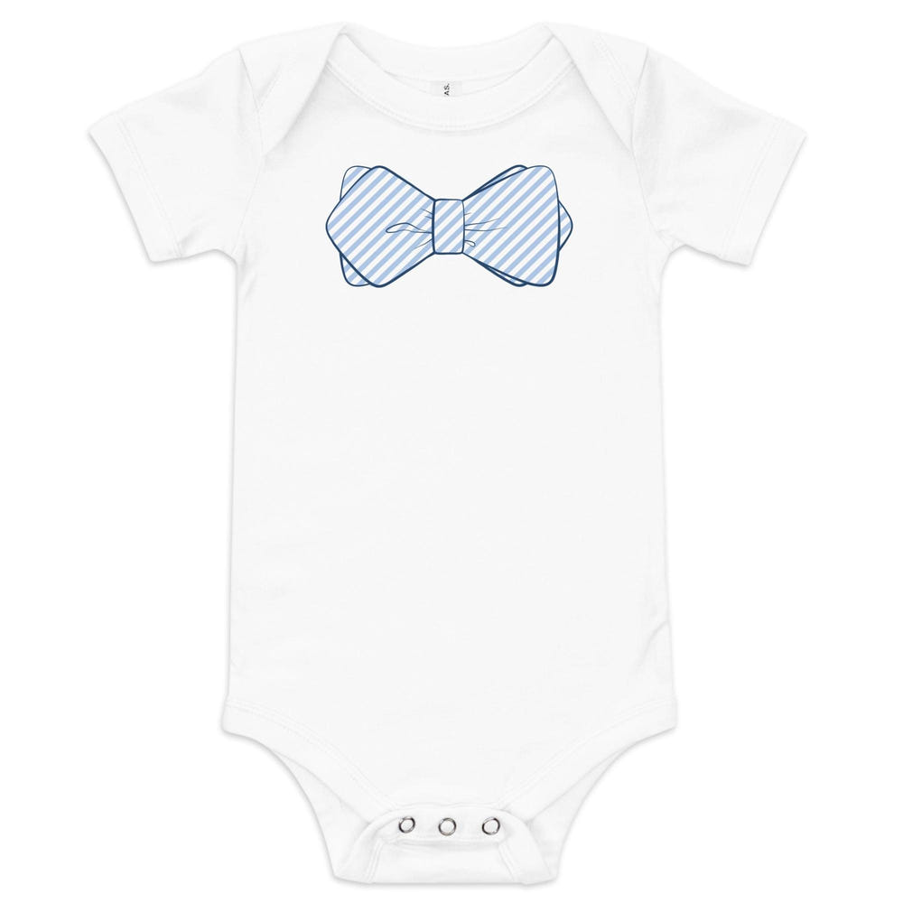 Blue Bowtie Onesie for babies, short sleeve bodysuit, perfect for stylish and comfortable wear.
