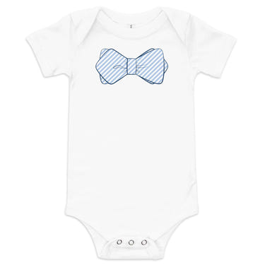 Blue Bowtie Onesie for babies, short sleeve bodysuit, perfect for stylish and comfortable wear.