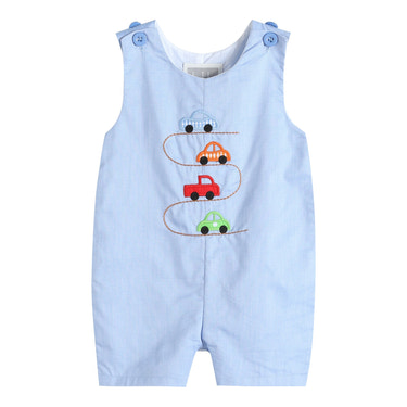 Blue Car Race Track Embroidery Shortalls - MOOGCO Baby