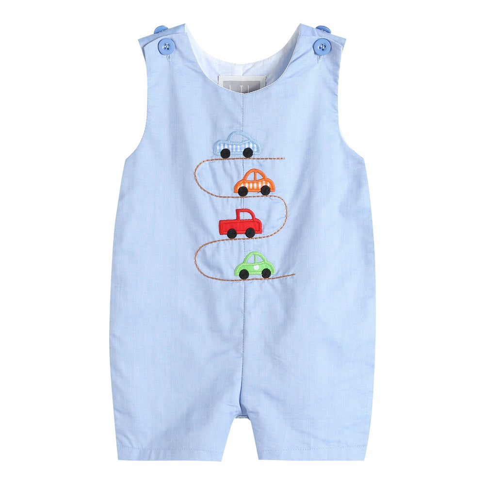 Blue Car Race Track Embroidery Shortalls