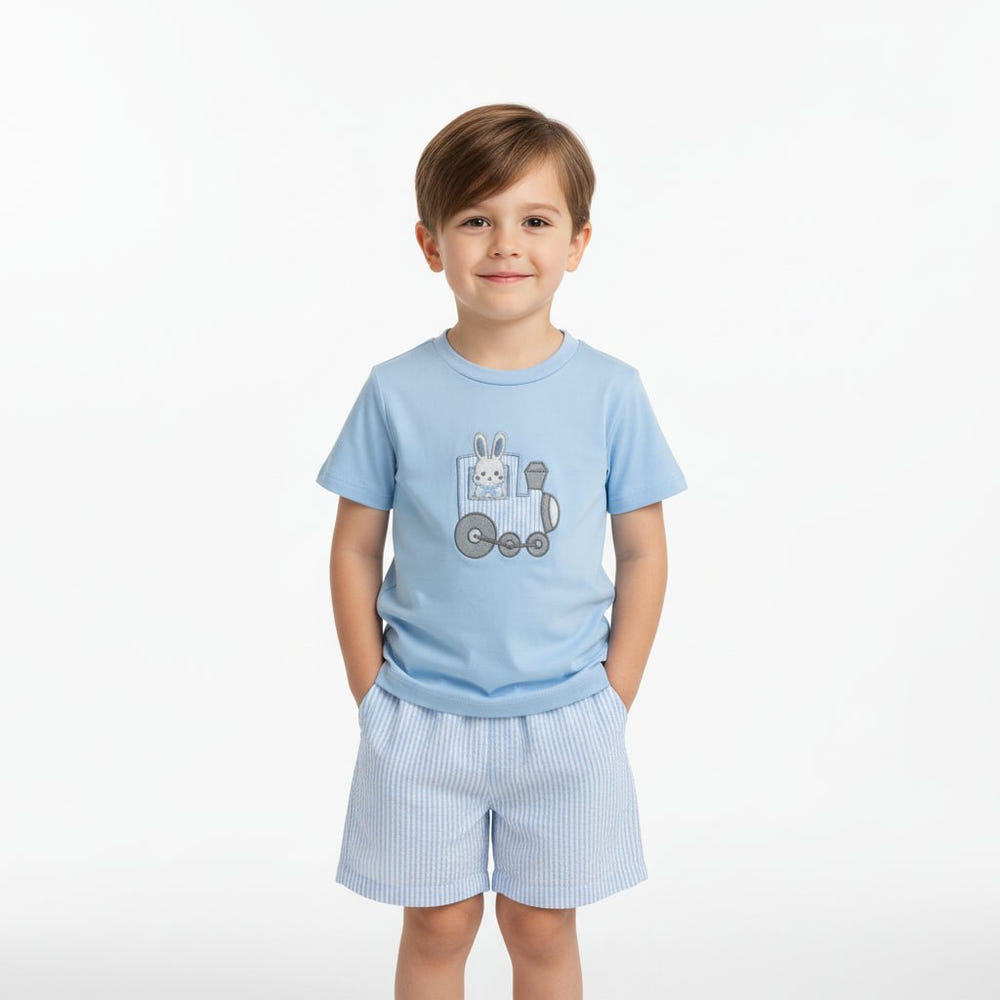 Blue Easter Train T-Shirt and Seersucker Shorts Set for babies, perfect for spring outings and festive occasions.