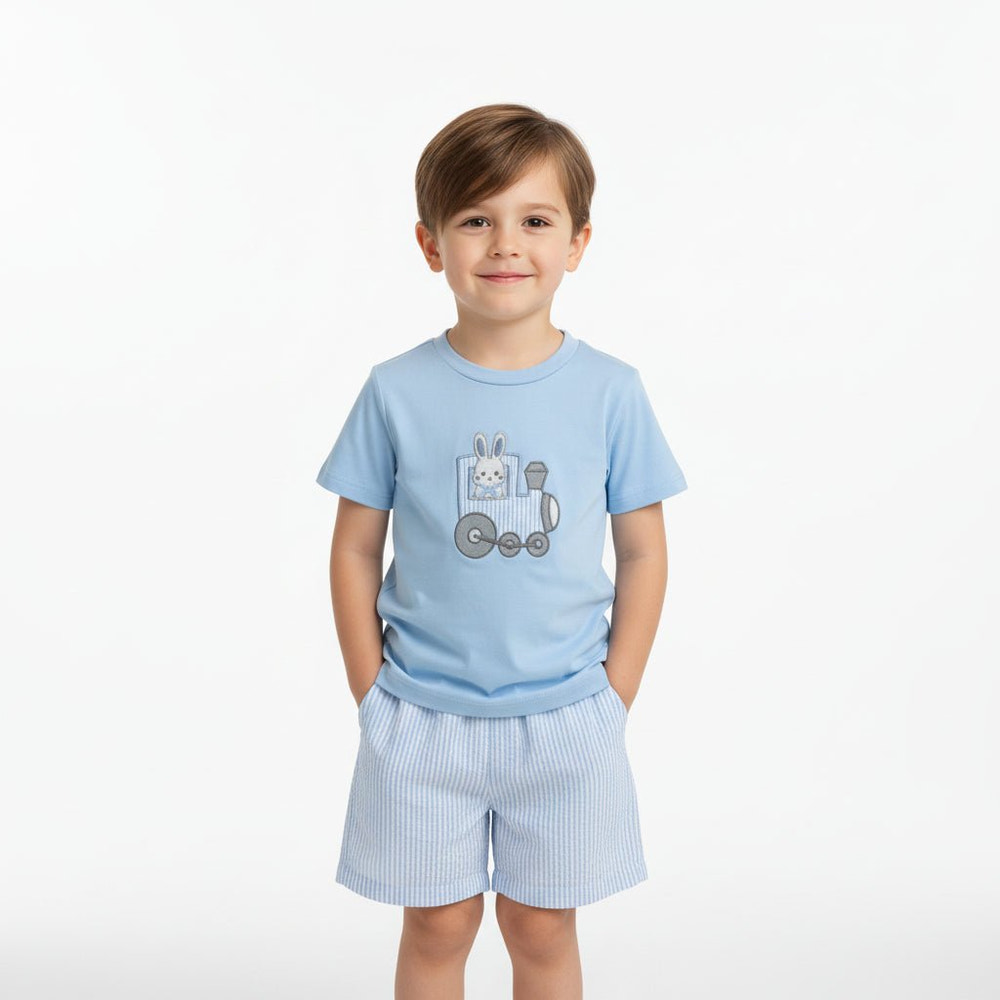 Blue Easter Train T-Shirt and Seersucker Shorts Set for babies, perfect for spring outings and festive occasions.