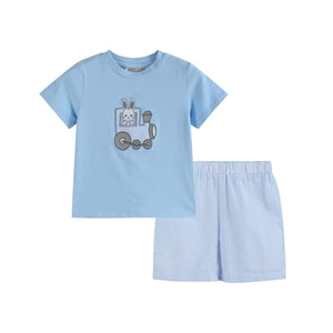 Blue Easter Train T-Shirt and Seersucker Shorts Set for babies, perfect for spring outings and festive occasions.