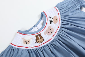Blue Farm Animal Smocked Bishop Dress