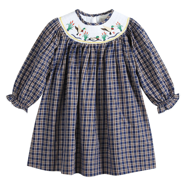 Blue Flannel Plaid Mallard Smocked Bishop Dress