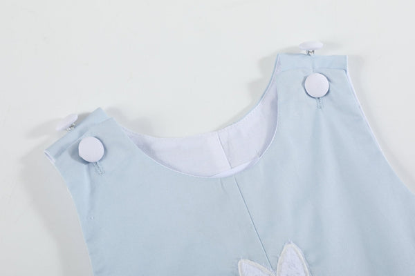 Blue fuzzy bunny overalls for babies, featuring a cute design and cozy fabric, perfect for playful outfits.
