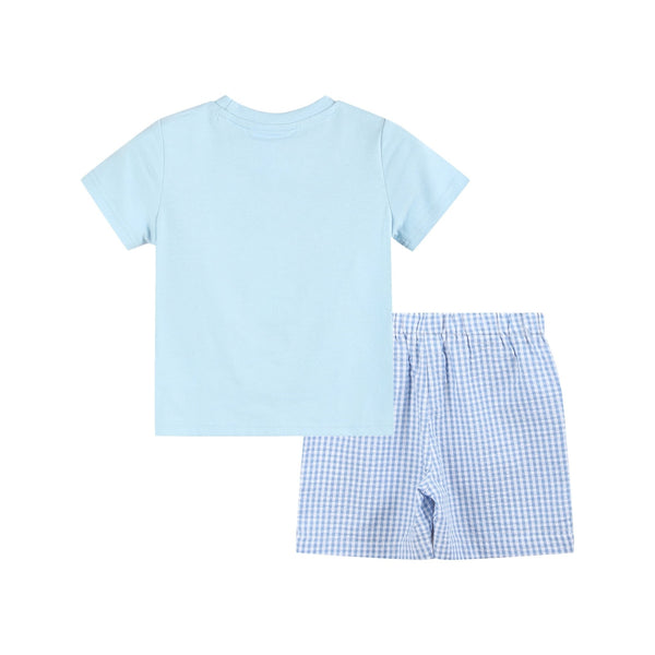 Blue Gingham Crawfish Smocked Shirt and Shorts Set