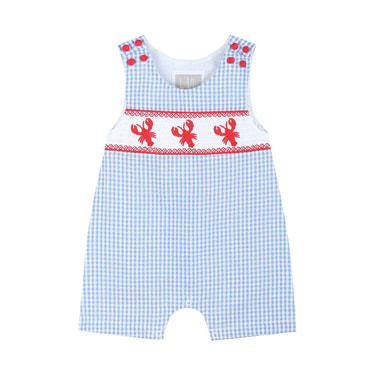 Blue Gingham Crawfish Smocked Shortalls