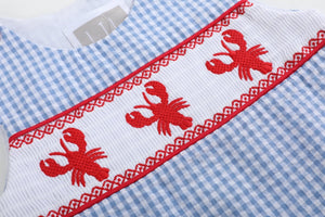 Blue Gingham Crawfish Smocked Shortalls