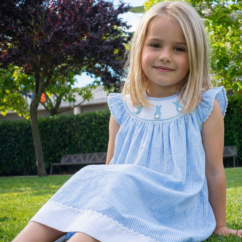 Blue Gingham Easter Bunny Smocked Bishop Dress for babies, perfect for spring celebrations and special occasions.