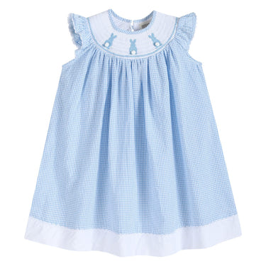 Blue Gingham Easter Bunny Smocked Bishop Dress for babies, perfect for spring celebrations and special occasions.