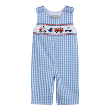 Blue Gingham Emergency Vehicles Smocked Overalls