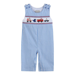 Blue Gingham Emergency Vehicles Smocked Overalls
