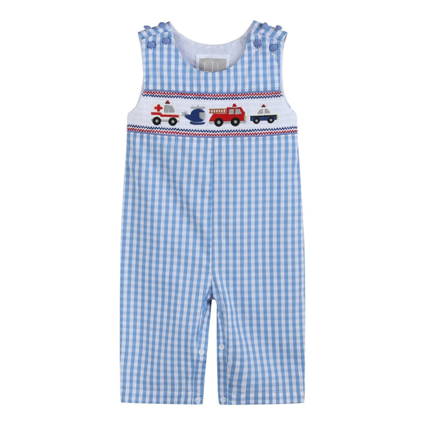 Blue Gingham Emergency Vehicles Smocked Overalls
