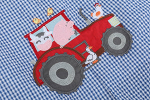 Blue Gingham Farm Animal Tractor Pocket Shortalls