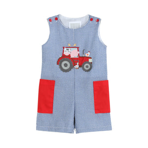 Blue Gingham Farm Animal Tractor Pocket Shortalls